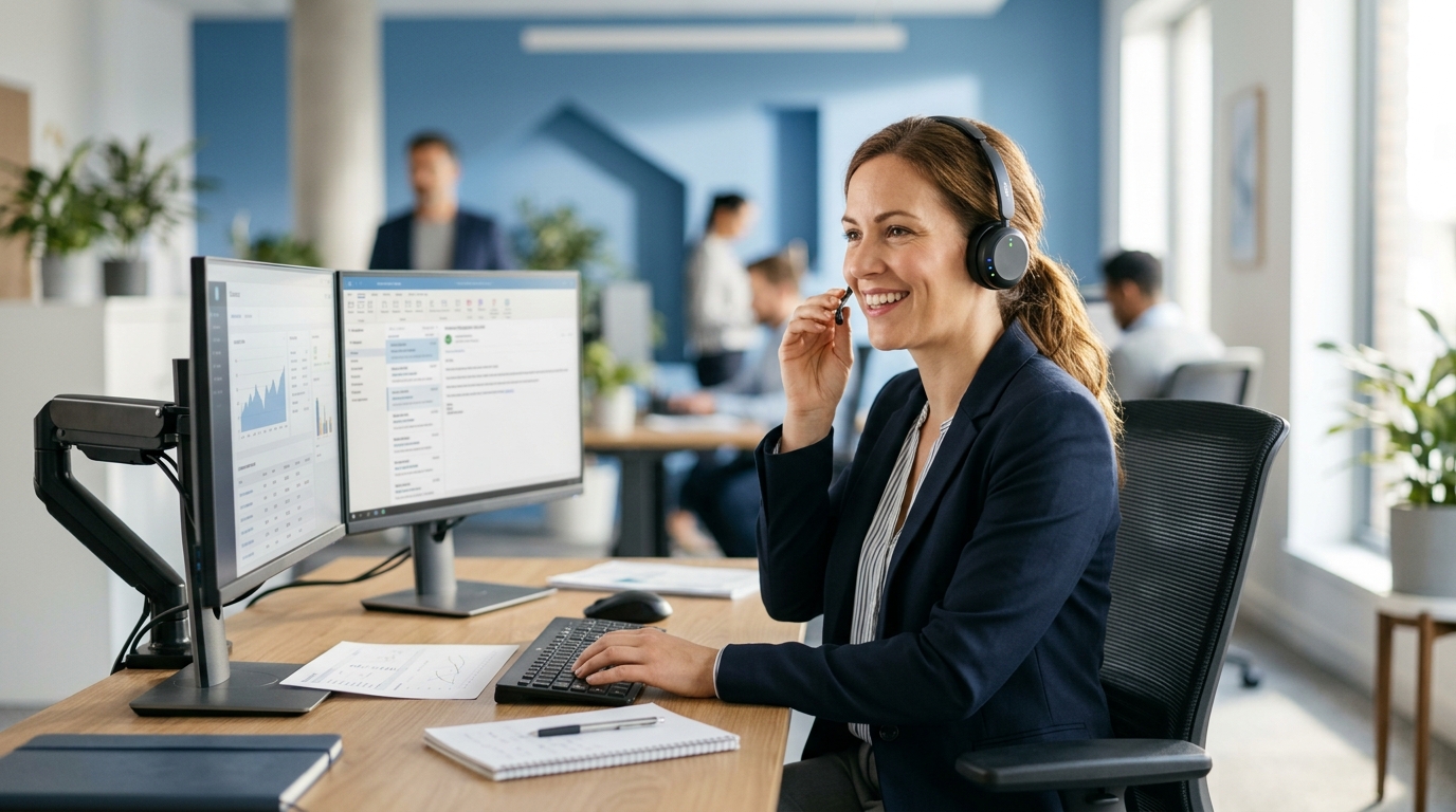 Professional customer support agent at a modern workstation